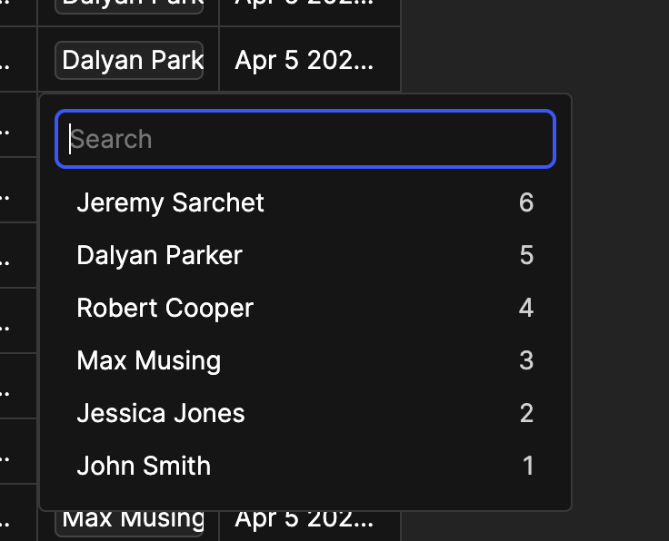 This is a foreign key popover in Basedash. It’s a popover that allows you to select what value you would like to use for a foreign key cell.